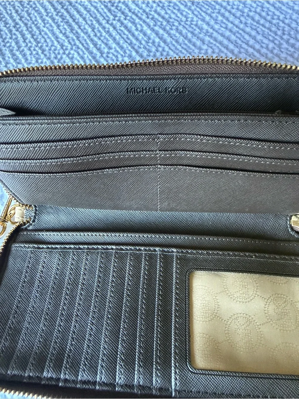 Michael Kors Black Pebble Leather Wristlet with Gold Plate and Taupe Strap
